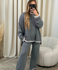Damen-Set mit Rundhalsausschnitt-Pullover und langer Hose in Grau