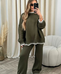Damen-Set mit Rundhalsausschnitt-Pullover und langer Hose in Grün