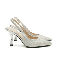 Damen-Slingback-Pumps mit spitzer Zehenpartie und gemustertem Obermaterial in Silber