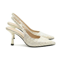 Damen-Slingback-Pumps mit spitzer Zehenpartie und gemustertem Obermaterial in Gold