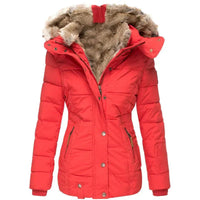 Damen Steppjacke mit Kunstfell-Kapuze und Reißverschluss in Rot