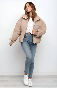 Damen Steppjacke mit Reißverschluss und Stehkragen in Khaki