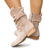 Damen-Stiefel aus Wildleder mit gerafftem Schaft in Süd Beige