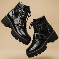 Damen-Stiefeletten mit Leopardenmuster und Schnallenriemen in Jaguar Schwarz