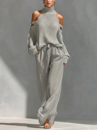 Damen Strick-Set mit Cold-Shoulder-Pullover und weitem Hosenbein in Grau