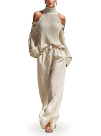 Damen Strick-Set mit Cold-Shoulder-Pullover und weitem Hosenbein in Beige