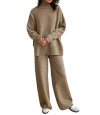 Damen Strick-Set mit Rollkragenpullover und weiter Hose in Beige