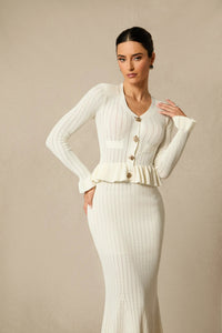 Damen Strick-Set mit V-Ausschnitt Peplum-Saum und Langen Ärmeln in Weiß