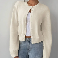 Damen Strickjacke mit Rundausschnitt Durchgehender Knopfleiste Langen Ärmeln mit Rippbündchen auf Taillenlänge in Weiß