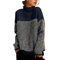 Damen Strickpullover mit Stehkragen und Zickzackmuster in Marineblau