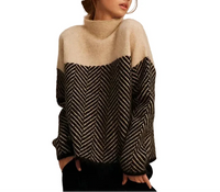 Damen Strickpullover mit Stehkragen und Zickzackmuster in Beige
