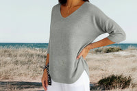 Damen Strickpullover mit V-Ausschnitt und kurzen Ärmeln in Grau