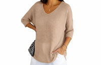 Damen Strickpullover mit V-Ausschnitt und kurzen Ärmeln in Beige