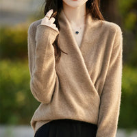 Damen-Strickpullover mit Wickeloptik in Beige