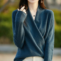 Damen-Strickpullover mit Wickeloptik in Granitblau
