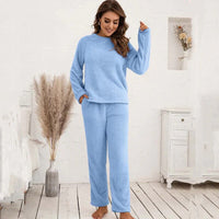 Damen Strukturiertes Langarm Oberteil und Hose Set mit Rundhalsausschnitt in Blau