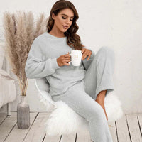 Damen Strukturiertes Langarm Oberteil und Hose Set mit Rundhalsausschnitt in Grau