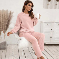 Damen Strukturiertes Langarm Oberteil und Hose Set mit Rundhalsausschnitt in Rosa