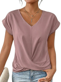 Damen-T-Shirt mit V-Ausschnitt, gekrempelten Ärmeln und Knotendetail in Rosa