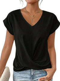 Damen-T-Shirt mit V-Ausschnitt, gekrempelten Ärmeln und Knotendetail in Schwarz