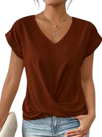 Damen-T-Shirt mit V-Ausschnitt, gekrempelten Ärmeln und Knotendetail in Bordeaux