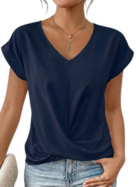 Damen-T-Shirt mit V-Ausschnitt, gekrempelten Ärmeln und Knotendetail in Dunkelblau