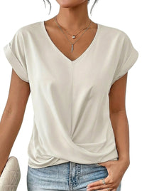 Damen-T-Shirt mit V-Ausschnitt, gekrempelten Ärmeln und Knotendetail in Weiß