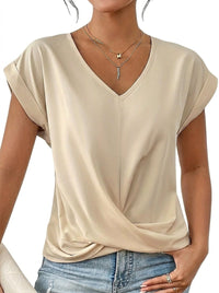 Damen-T-Shirt mit V-Ausschnitt, gekrempelten Ärmeln und Knotendetail in Aprikose