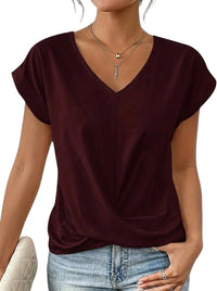 Damen-T-Shirt mit V-Ausschnitt, gekrempelten Ärmeln und Knotendetail in Burgunderrot