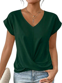 Damen-T-Shirt mit V-Ausschnitt, gekrempelten Ärmeln und Knotendetail in Dunkelgrün