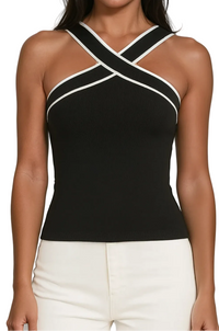 Damen-Tanktop mit überkreuztem Neckholder und Kontrastpaspelierung in Schwarz