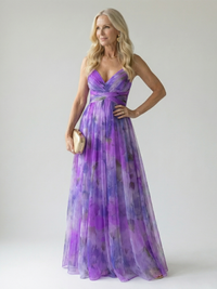 Damen Trägerkleid Maxi Kleid mit Kreuzausschnitt und Aquarelldruck in Lila