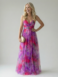 Damen Trägerkleid Maxi Kleid mit Kreuzausschnitt und Aquarelldruck in Magenta
