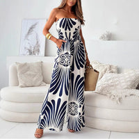 Damen Trägerloser Jumpsuit mit Weitem Bein und Abstraktem Druckmuster in Dunkelblau