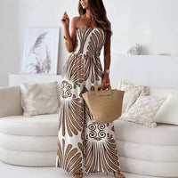 Damen Trägerloser Jumpsuit mit Weitem Bein und Abstraktem Druckmuster in Khaki