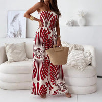 Damen Trägerloser Jumpsuit mit Weitem Bein und Abstraktem Druckmuster in Rot