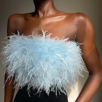 Damen trägerloses Bandeau Top mit Federbesatz und kurzer Länge in Himmelblau