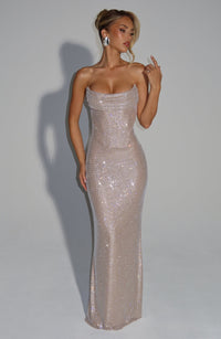 Damen Trägerloses Maxikleid mit Cowl Ausschnitt und Rhinestone Besatz in Beige