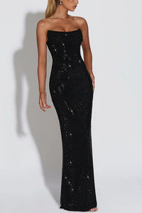 Damen Trägerloses Maxikleid mit Cowl Ausschnitt und Rhinestone Besatz in Schwarz