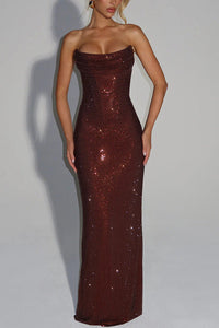 Damen Trägerloses Maxikleid mit Cowl Ausschnitt und Rhinestone Besatz in Weinrot