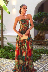 Damen Trägerloses Maxikleid mit gerafftem Rock und Muster in Grün
