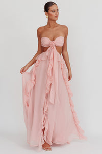 Damen Trägerloses Maxikleid mit Taillenausschnitt Rüschenrock und Rosettenapplikation in Rosa