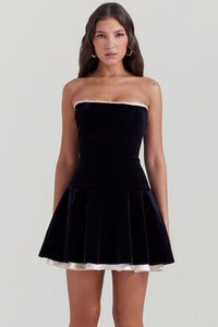 Damen Trägerloses Mini Kleid mit Kontrast Besatz und ausgestelltem Rock in Schwarz