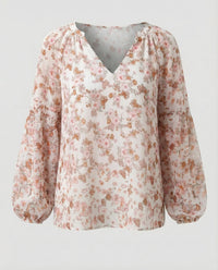 Damen V-Ausschnitt Bluse mit Blumenmuster und langen Ärmeln in Braun