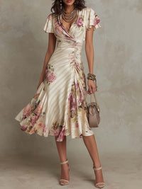 Damen V-Ausschnitt Midi Kleid mit Rüschenärmeln und Blumenprint in Creme mit Blumenprint