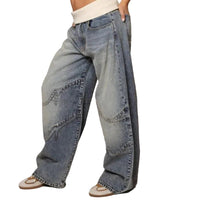Damen Weit Geschnittene Jeans mit Paneeldesign in Camouflage-Blau