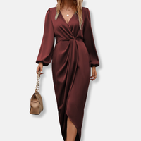 Damen Wickelkleid mit V-Ausschnitt und Ballonärmeln in Burgund