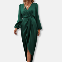 Damen Wickelkleid mit V-Ausschnitt und Ballonärmeln in Grün