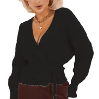 Damen Wickelstrickpullover mit V-Ausschnitt und Bindegürtel in Schwarz