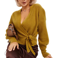 Damen Wickelstrickpullover mit V-Ausschnitt und Bindegürtel in Kamel